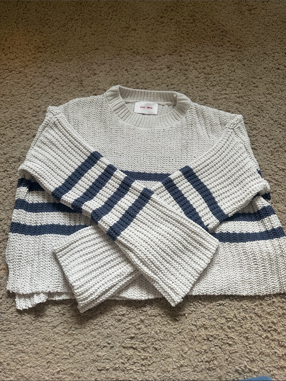 Pink Rose white Sweater with Navy Stripes